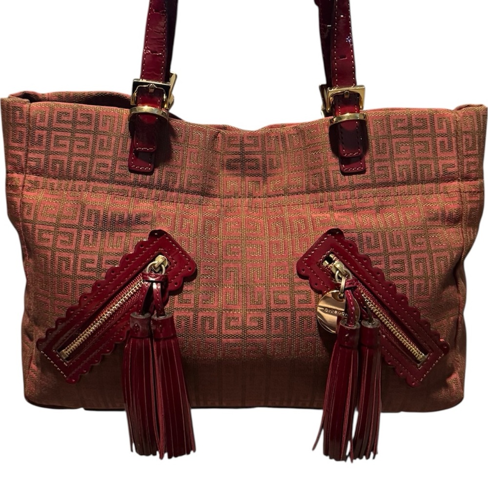 Givenchy Monogram Jacquard Red Burgundy Bag With Tassels & Patent Leather Straps - Picture 2 of 10